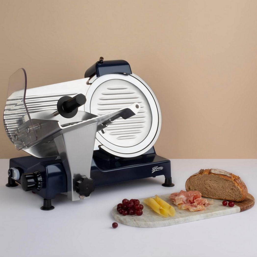 Trancheuse à viande électrique H.Koenig MSX254, Charcuterie, Professionnelle, Précise, Coupe 0-12 mm, Lame 25 cm, Aiguiseur intégré, Grand plateau, 282 tr/min, Rouge