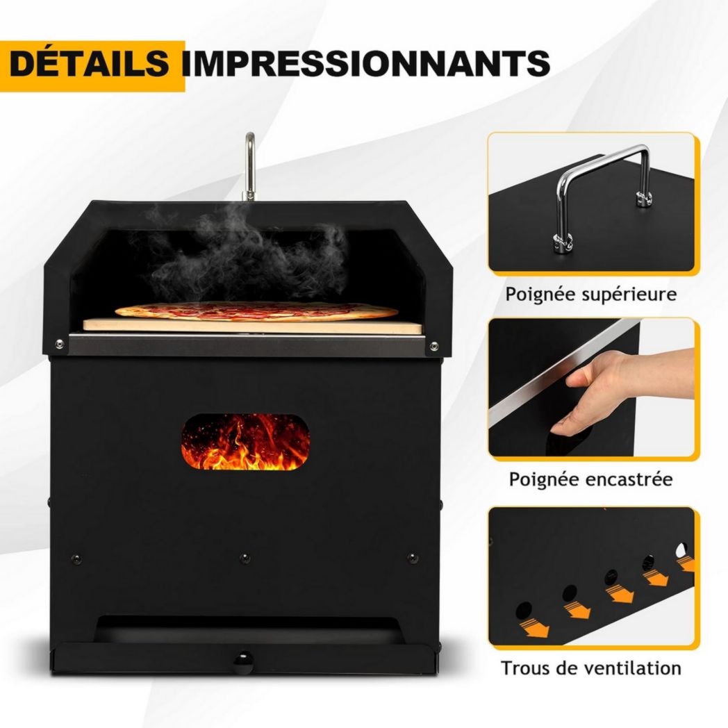 Mini four à pizza d'extérieur GYMAX, four à pizza au feu de bois avec pierre à pizza, pelle à pizza, pieds pliables et poignées portables, ventilateurs réglables, housse étanche