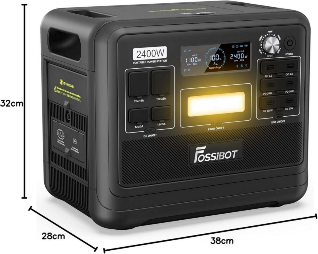 FOSSiBOT F2400 Centrale électrique portable CA 2400 W (4800 W crête), centrale solaire LiFePO4 2048 Wh, groupe électrogène à onduleur pour alimentation de secours de camping à domicile