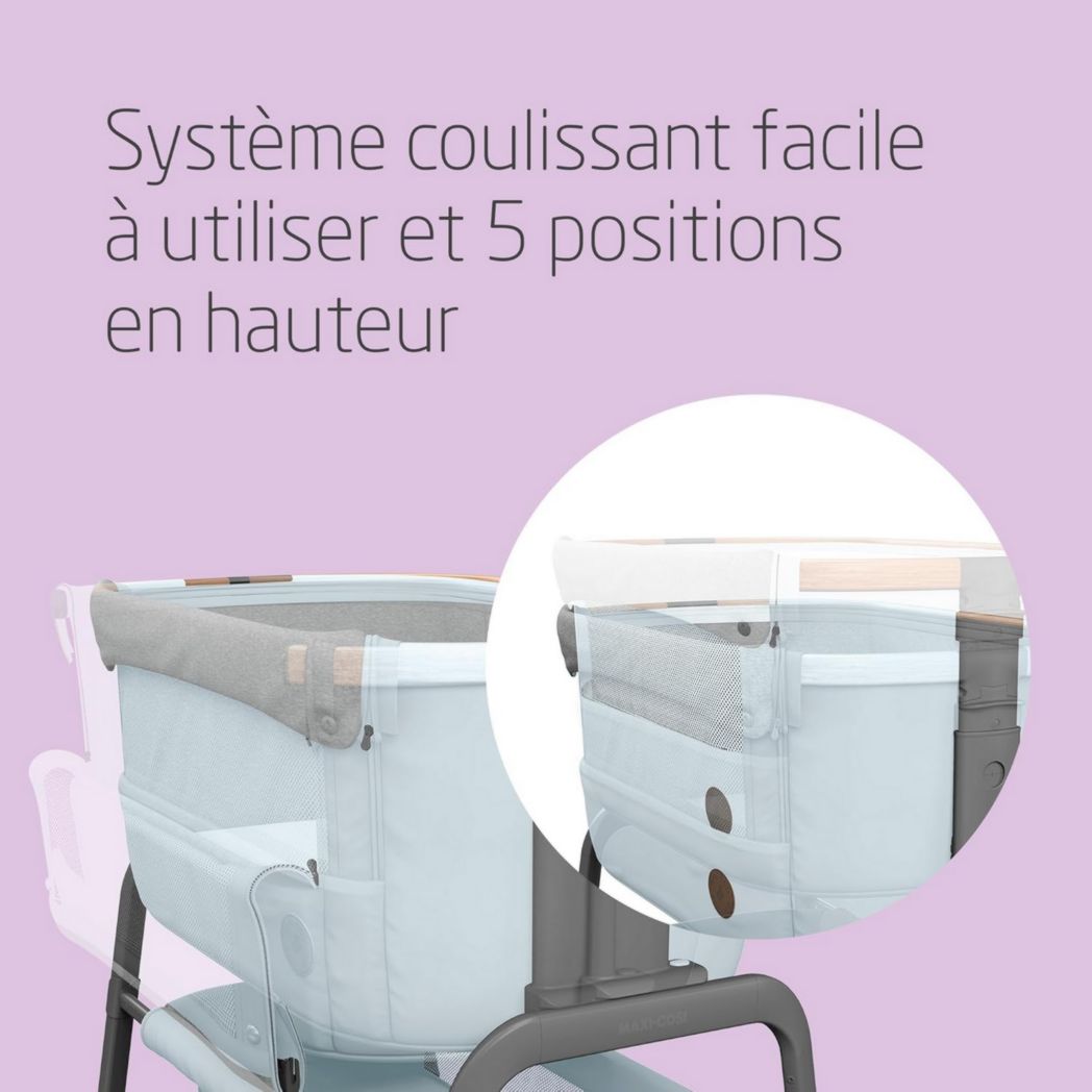 Lit cododo Maxi-Cosi Iora, lit cododo pliable pour bébé, 0-6 mois, 9 kg max, 4 positions d'inclinaison et 5 hauteurs, système coulissant, matelas confort, grand panier, facile à transporter, Essential Graphite