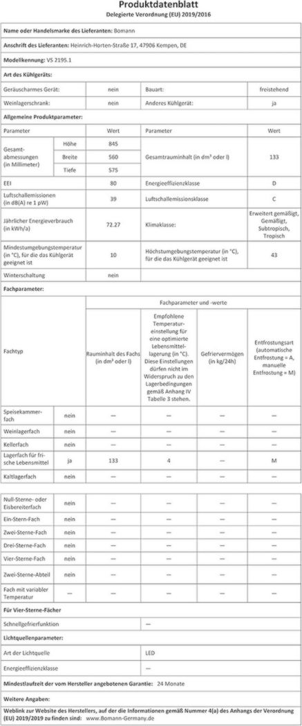 Réfrigérateur Bomann 133L blanc VS2195-1-blanc, Capacité nette : 133 litres, Éclairage intérieur LED, Contrôle continu de la température, 3 clayettes en verre