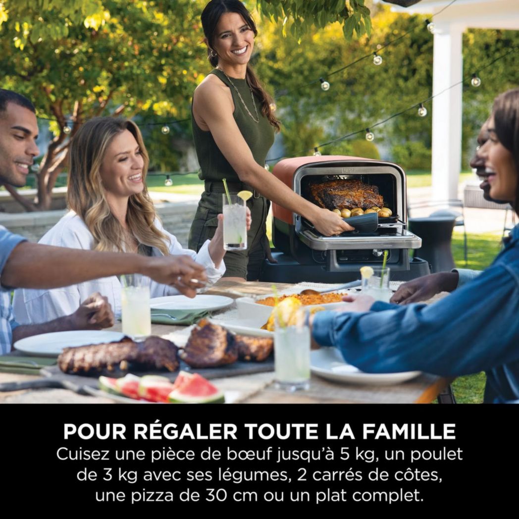 Four à pizza électrique d'extérieur Ninja Woodfire 8 en 1, rôtissoire et fumoir barbecue avec grille, plaque Pro-Heat, pierre à pizza, granulés de bois et pelle, 6 réglages, orange foncé OO101EU