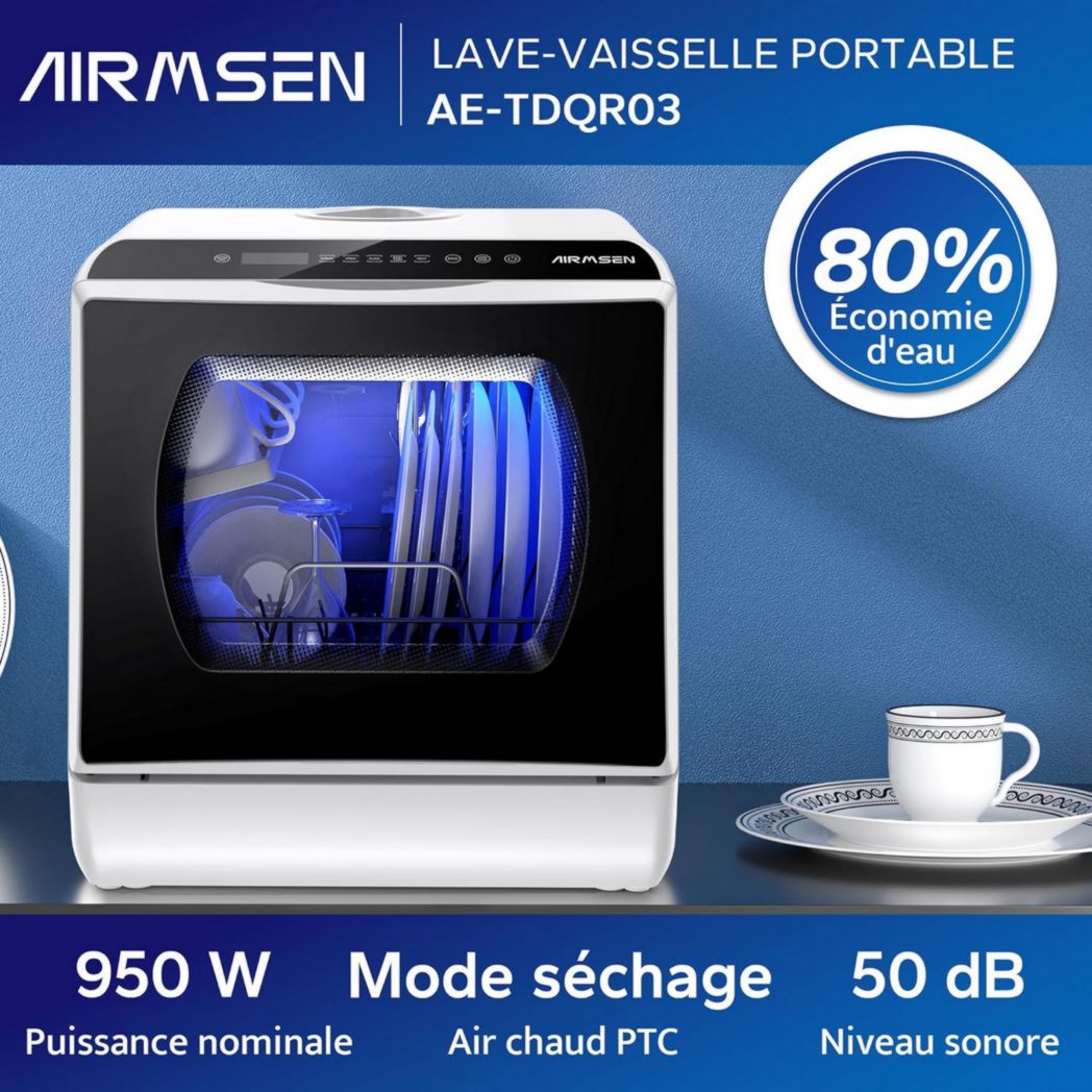 Mini lave-vaisselle de comptoir AIRMSEN, 5+1 programmes, réservoir d'eau de 5 L, commandes tactiles et écran LED, convient aux cuisines familiales, appartements et dortoirs, blanc et noir