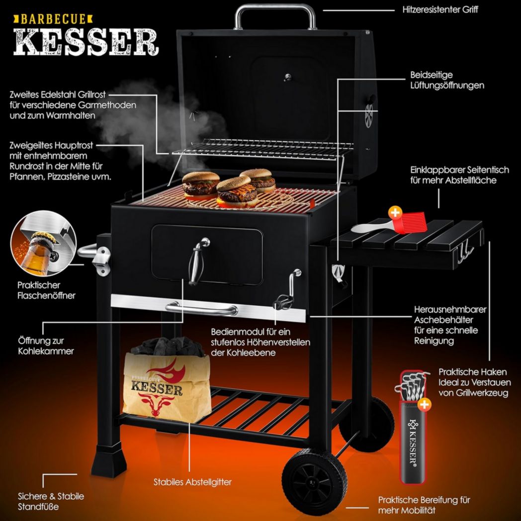 Chariot barbecue KESSER® | Barbecue à charbon XL avec couvercle, roulettes, poignée en acier inoxydable, grille et thermomètre | Grand barbecue à charbon