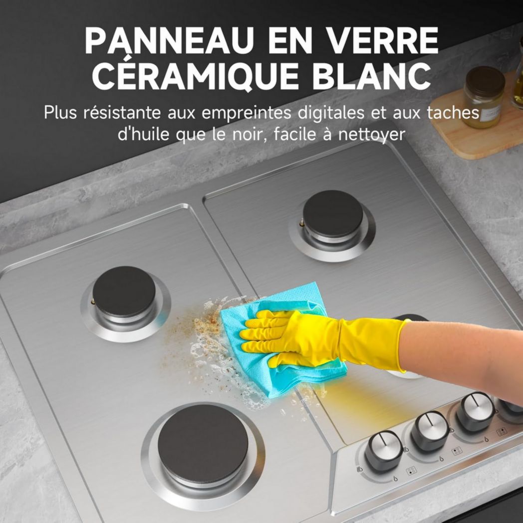 Plaque de cuisson à gaz 4 feux, plaque de cuisson 60 cm - Cuisinière encastrable - Gaz de ville et gaz en bouteille (4 feux - Verre)