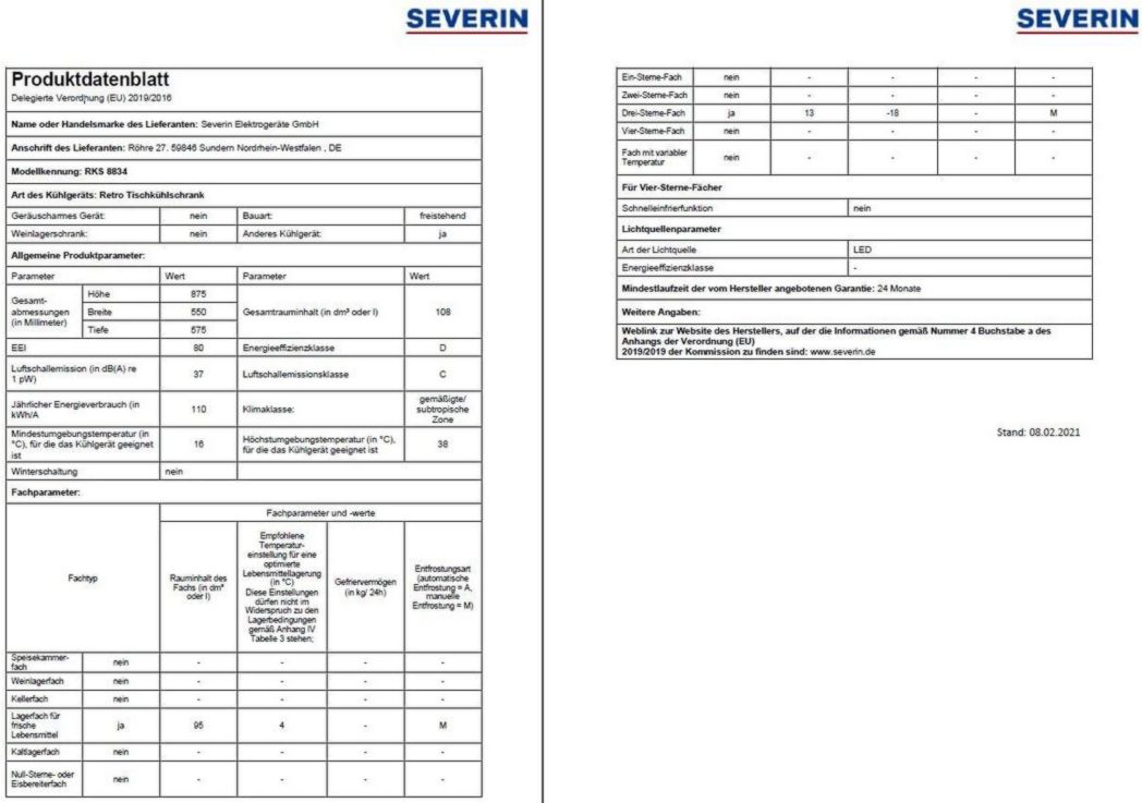 Réfrigérateur-congélateur SEVERIN, Pose libre, Longueur 55 cm, 108 L, Classe D, 110 kWh/an, 37 dB, Look rétro, Crème, RKS 8833