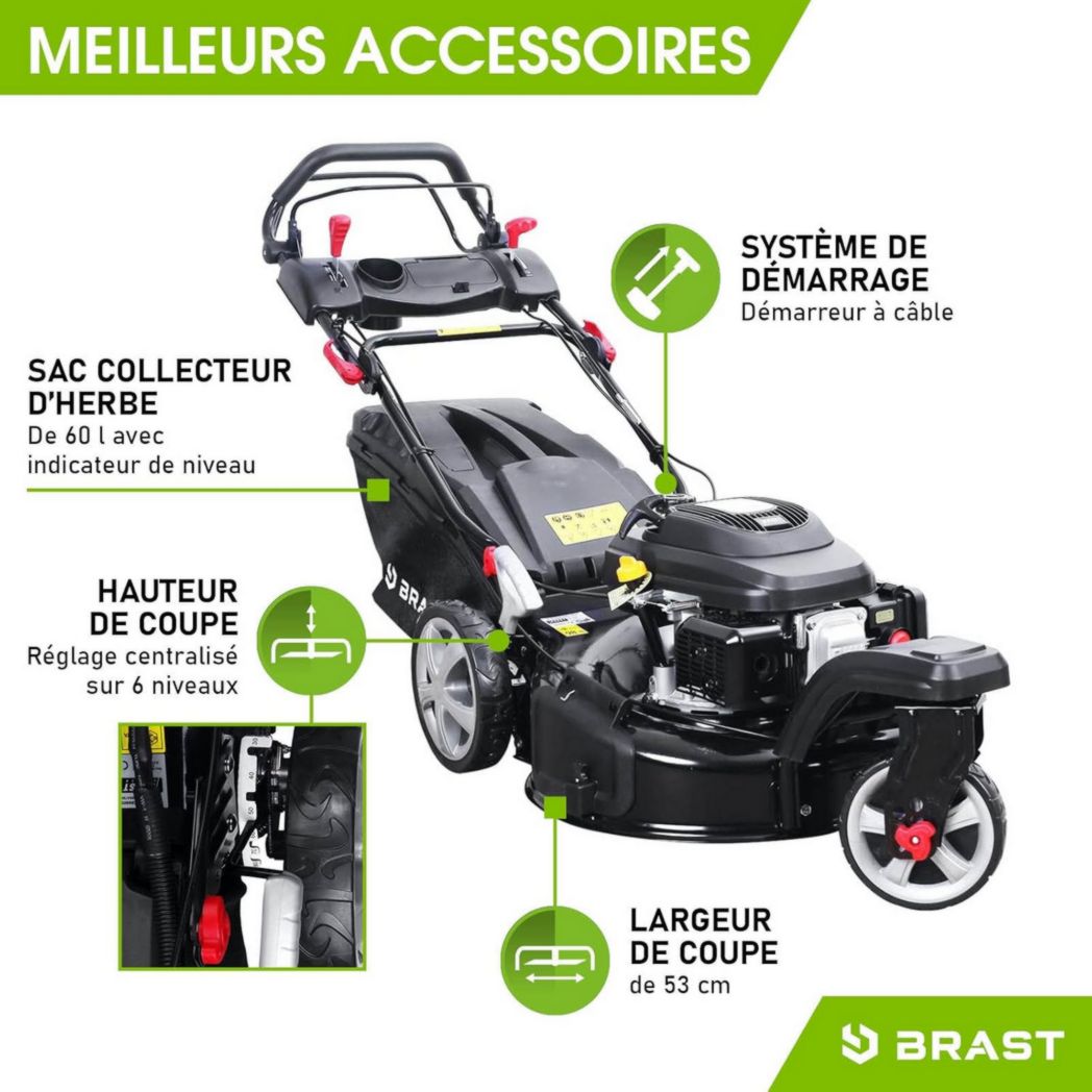 Tondeuse thermique 3 roues BRAST TRIKE E-START 224cc 53cm autotractée démarrage électrique mulching 4en1 capot tôle acier 60l - moteur 4 temps de la marque française GT réglable