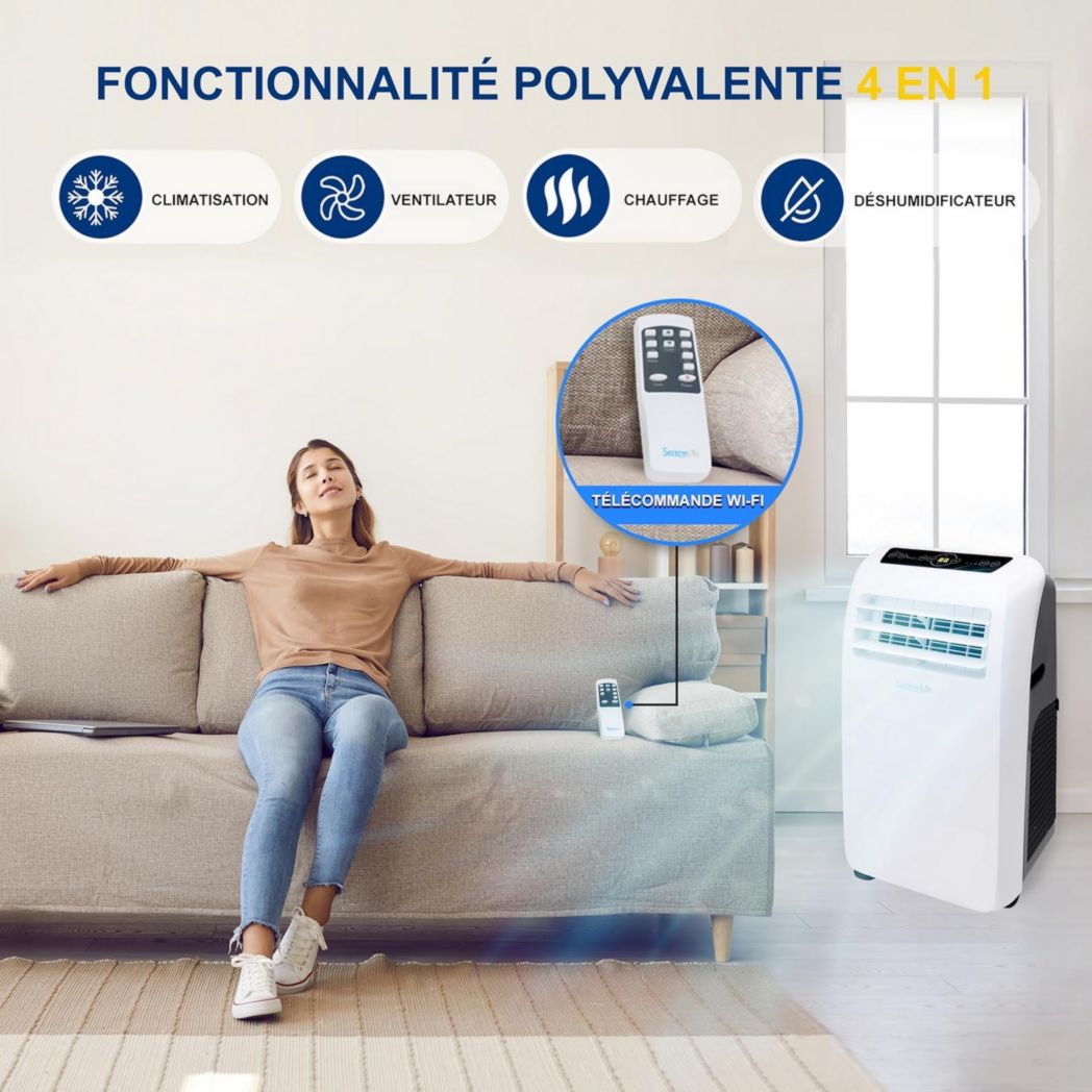 Climatiseur portatif silencieux SereneLife, 9 000 BTU, 3 en 1, avec déshumidificateur intégré, mode ventilateur, télécommande, kit d'extraction complet pour fenêtre, blanc