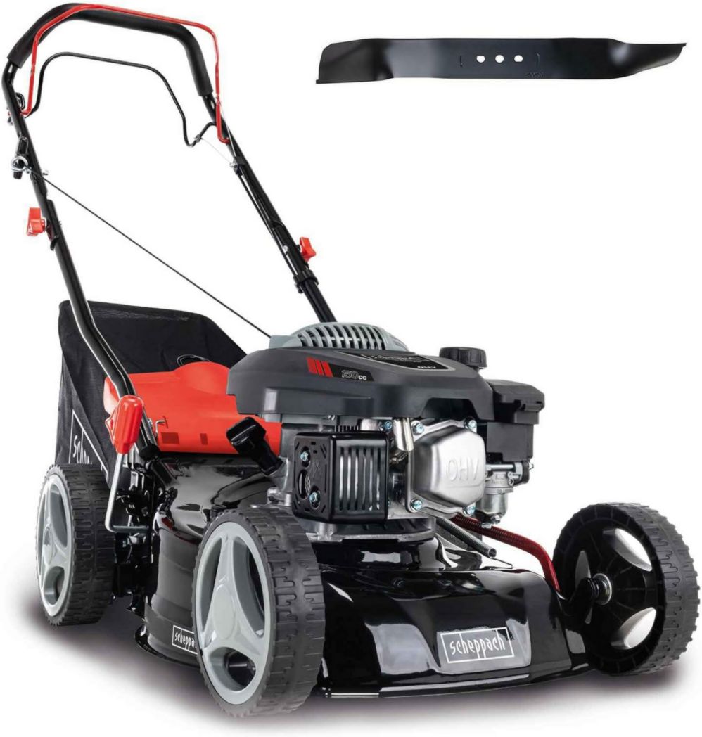 Tondeuse à gazon thermique Scheppach MS150-42 | Autotractée - 3,7 CV | Largeur de coupe 42 cm | Système de nettoyage à connexion rapide | Panier de 45 L | Hauteur - 7 niveaux | Lame supplémentaire et huile incluses