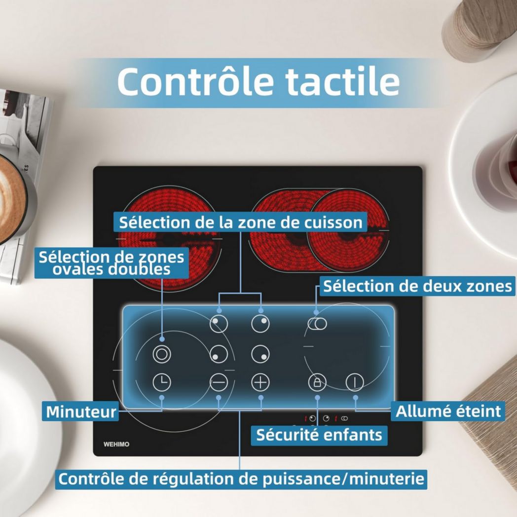 Plaque de cuisson vitrocéramique encastrable 4 feux, WEHIMO 6000W - 59cm - Minuterie, 9 niveaux de puissance, commande tactile, sécurité enfant...