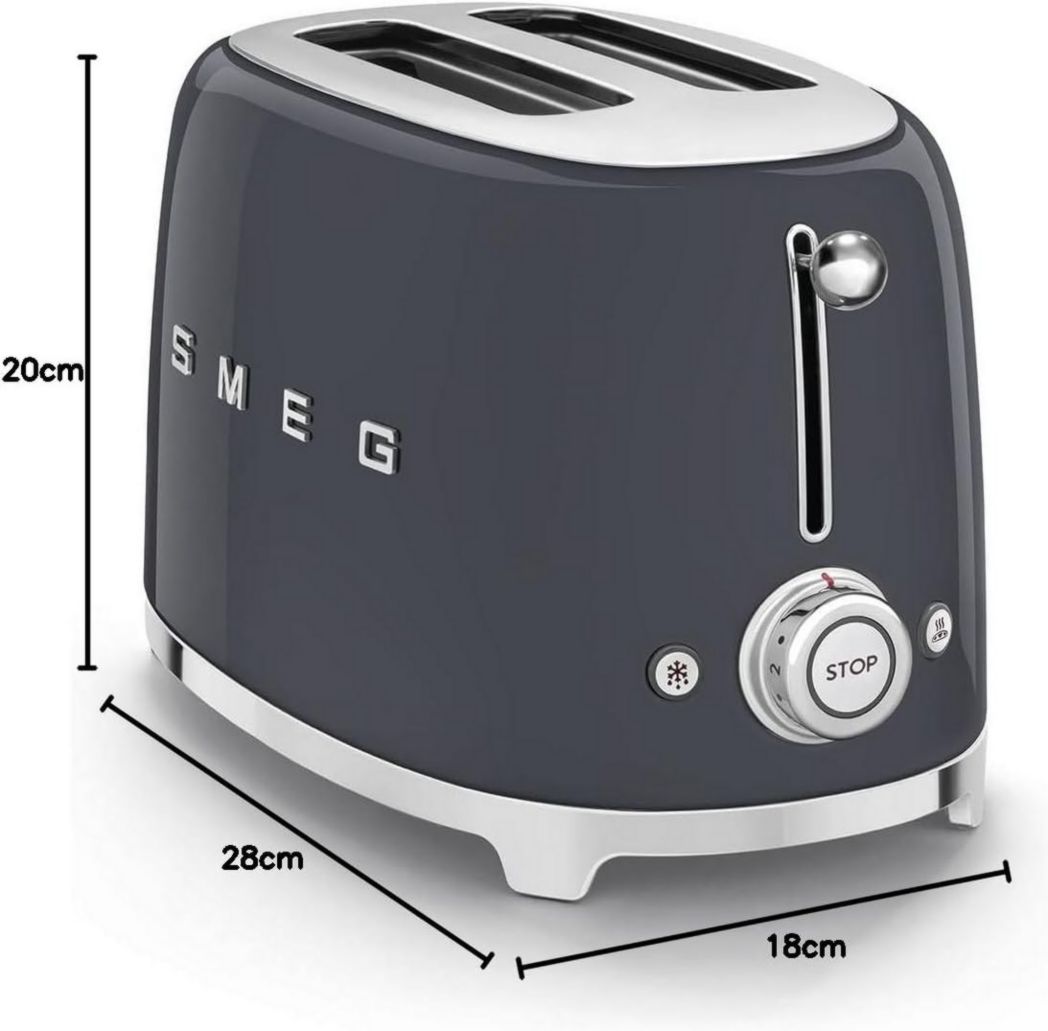 Smeg, Grille-pain 2 tranches TSF01BLEU, 2 fentes 36 mm, 6 niveaux de brunissage, fonctions chauffage, décongélation et bagel, éjection automatique du pain, tiroir ramasse-miettes, 950 W, noir