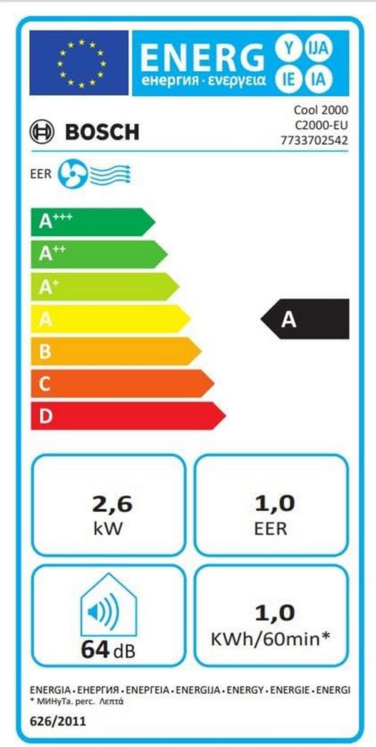 Climatiseur portable Bosch Cool 2000 - 3 en 1 : climatiseur, déshumidificateur, ventilateur - 2,6 kW PAC pour pièces jusqu'à 35 m² - Avec modes automatique, silencieux et veille