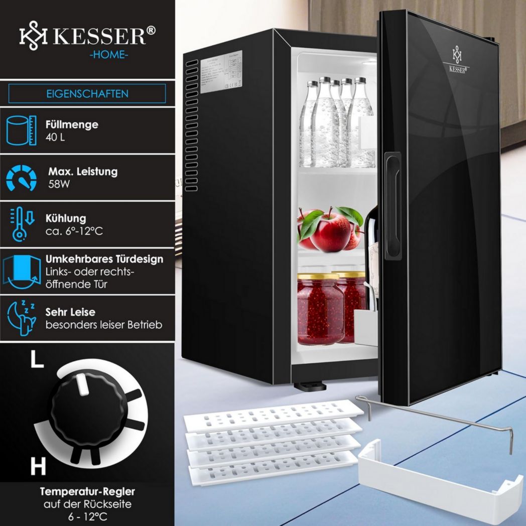 Mini-réfrigérateur KESSER® avec serrure, mini-bar 40 l, silencieux, 22 dB, verrouillable, chambre, butée de porte amovible, environ 4 à 16 °C, hauteur 57 cm, éclairage intérieur