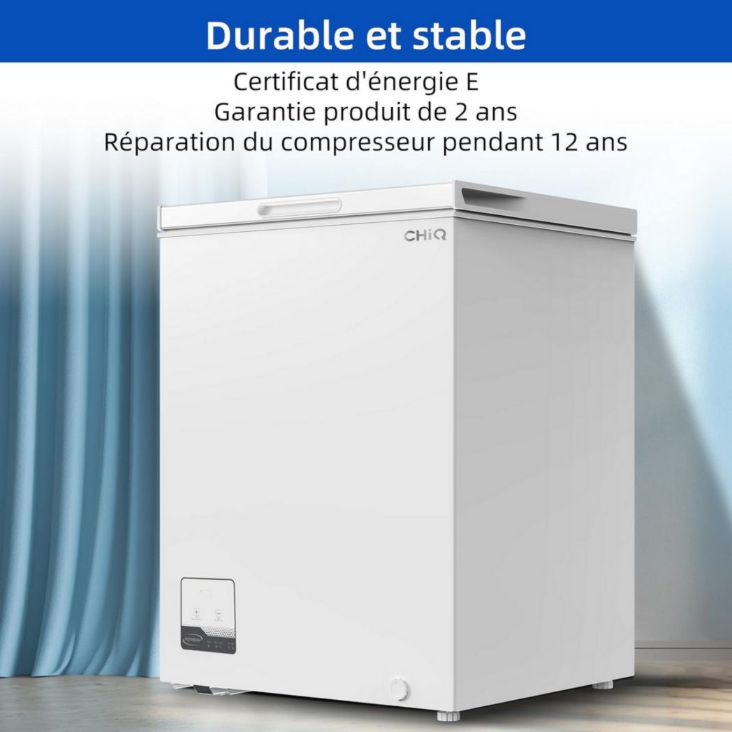 Congélateur coffre CHIQ 142 L, 63,5 x 55,6 x 83,5 cm, congélateur Inverter, affichage de la température extérieure, congélation rapide -32 °C, grille métallique, faible niveau sonore