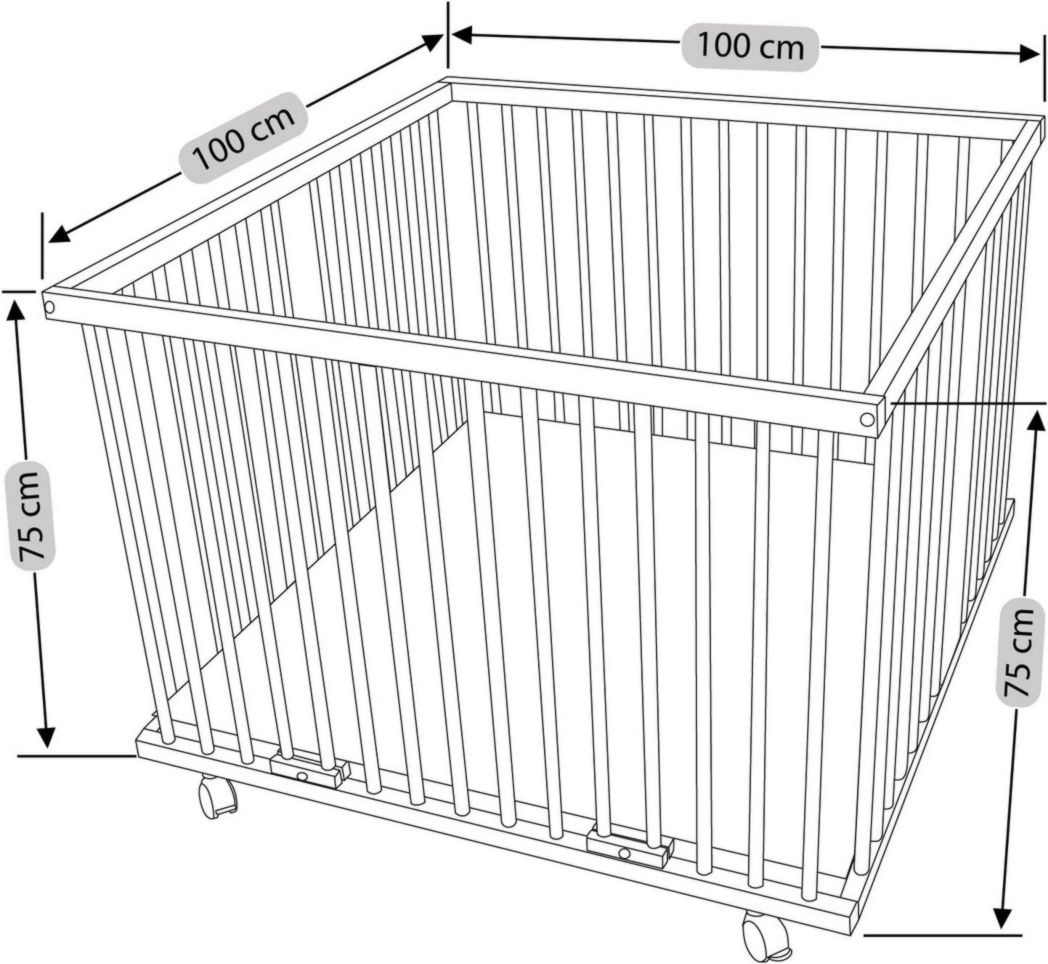 WALDIN - Parc bébé - environ 100 x 100 cm, HÊTRE MASSIF, réglable en hauteur, 2 modèles au choix, naturel non traité, tissu couleur blanc/gris à pois