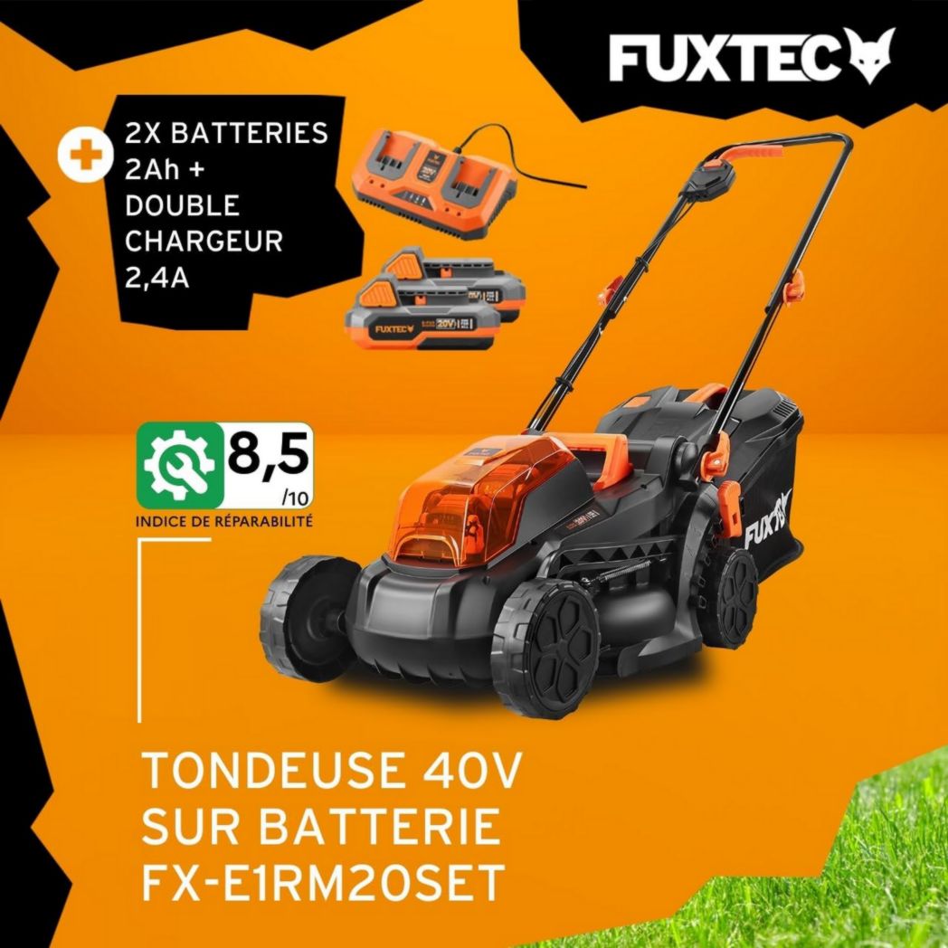 Tondeuse à gazon poussée FUXTEC FX-E1RM20 40 V (2 x 20 V) – Kit avec 2 batteries 2 Ah et chargeur double 2,4 A
