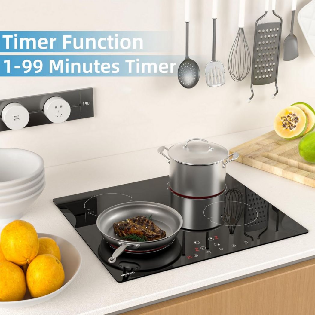 Plaque de cuisson vitrocéramique encastrable 4 feux, WEHIMO 6000W - 59cm - Minuterie, 9 niveaux de puissance, commande tactile, sécurité enfant...