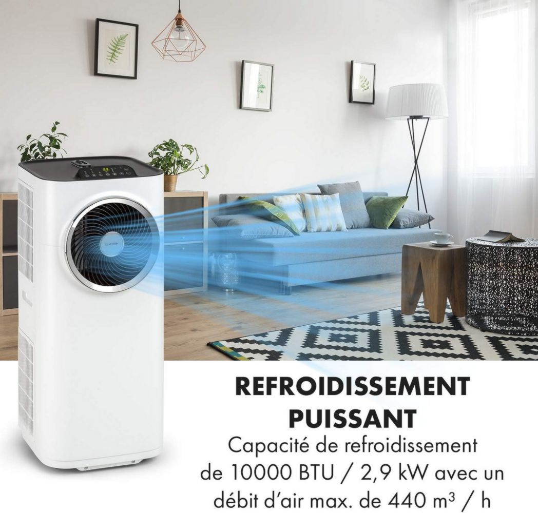 Climatiseur portable silencieux Klarstein, climatiseur portable 5 en 1, mini climatiseur, purificateur et éliminateur d'odeurs, mode nuit, déshumidificateur d'air, faible consommation, 10 000 BTU, climatiseurs