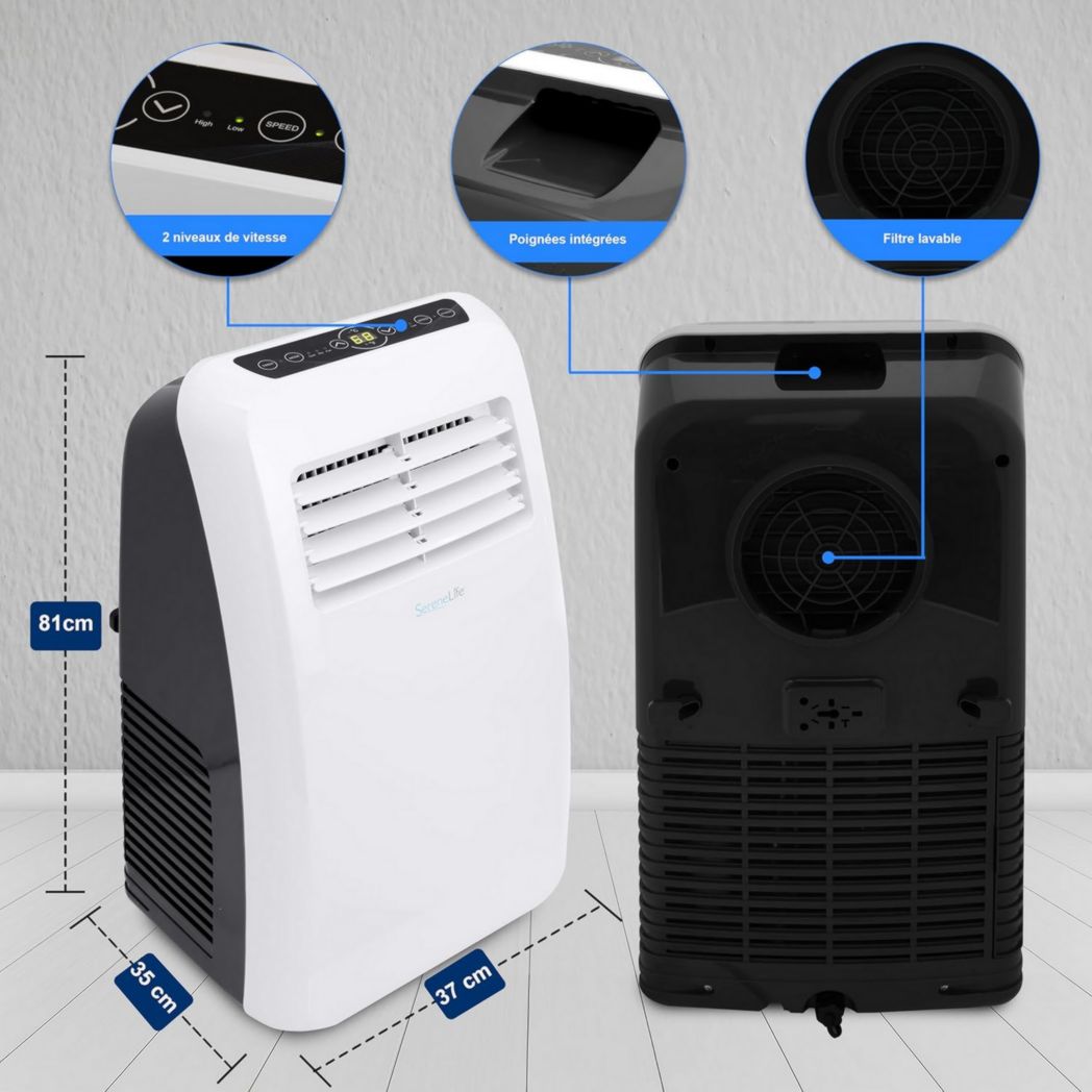 Climatiseur portatif silencieux SereneLife, 9 000 BTU, 3 en 1, avec déshumidificateur intégré, mode ventilateur, télécommande, kit d'extraction complet pour fenêtre, blanc