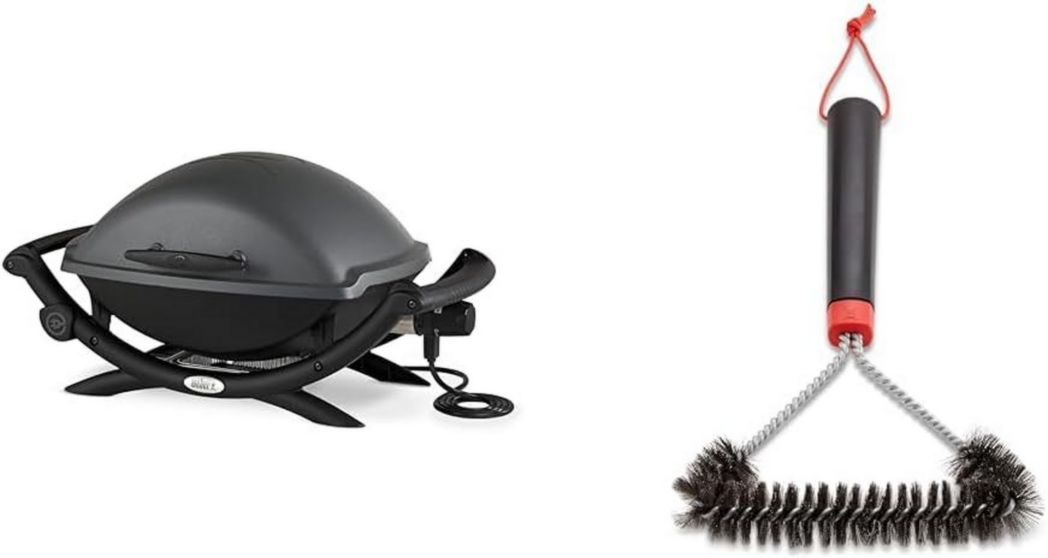 Barbecue électrique Weber Q2400 avec support et tablettes latérales, surface de cuisson 54 x 39 cm, grille en fonte émaillée (2 parties), couvercle et cuve en fonte d'aluminium - Gris foncé (55020053)