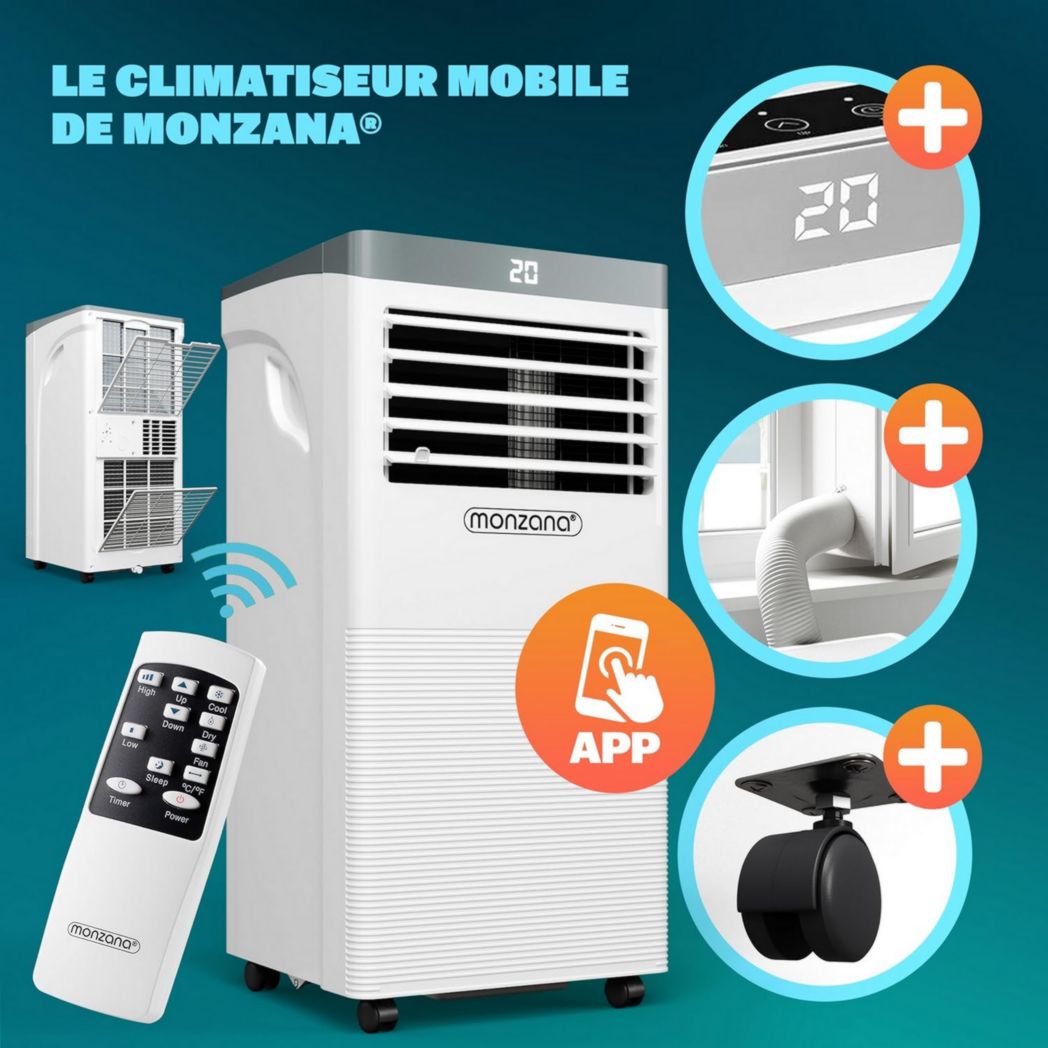 Climatiseur portable 4 en 1 Monzana® MZKA1000, refroidisseur d'air, 9 000 BTU/h, déshumidificateur, ventilateur, application Wi-Fi Alexa