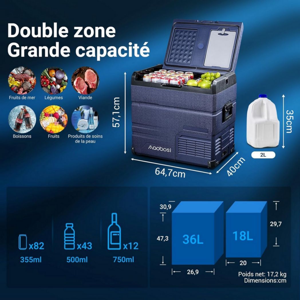 Glacière à compresseur AAOBOSI 46 L, glacière électrique à deux zones, 12 V/24 V et 100-240 V, réfrigérateur de camping, -20 °C à 20 °C, pour voiture, camion, bateau, camping-car