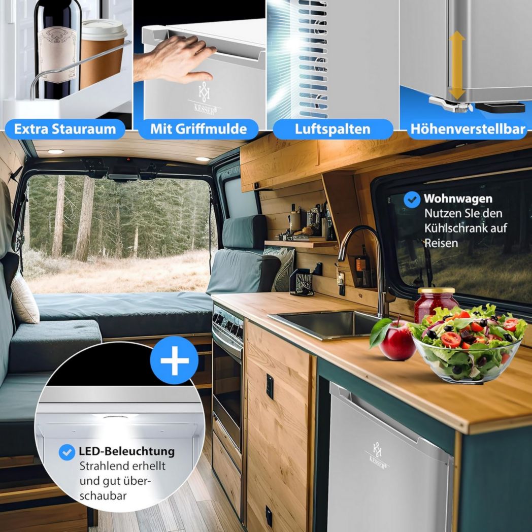 Mini-réfrigérateur KESSER® avec serrure, mini-bar 40 l, silencieux, 22 dB, verrouillable, chambre, butée de porte amovible, environ 4 à 16 °C, hauteur 57 cm, éclairage intérieur