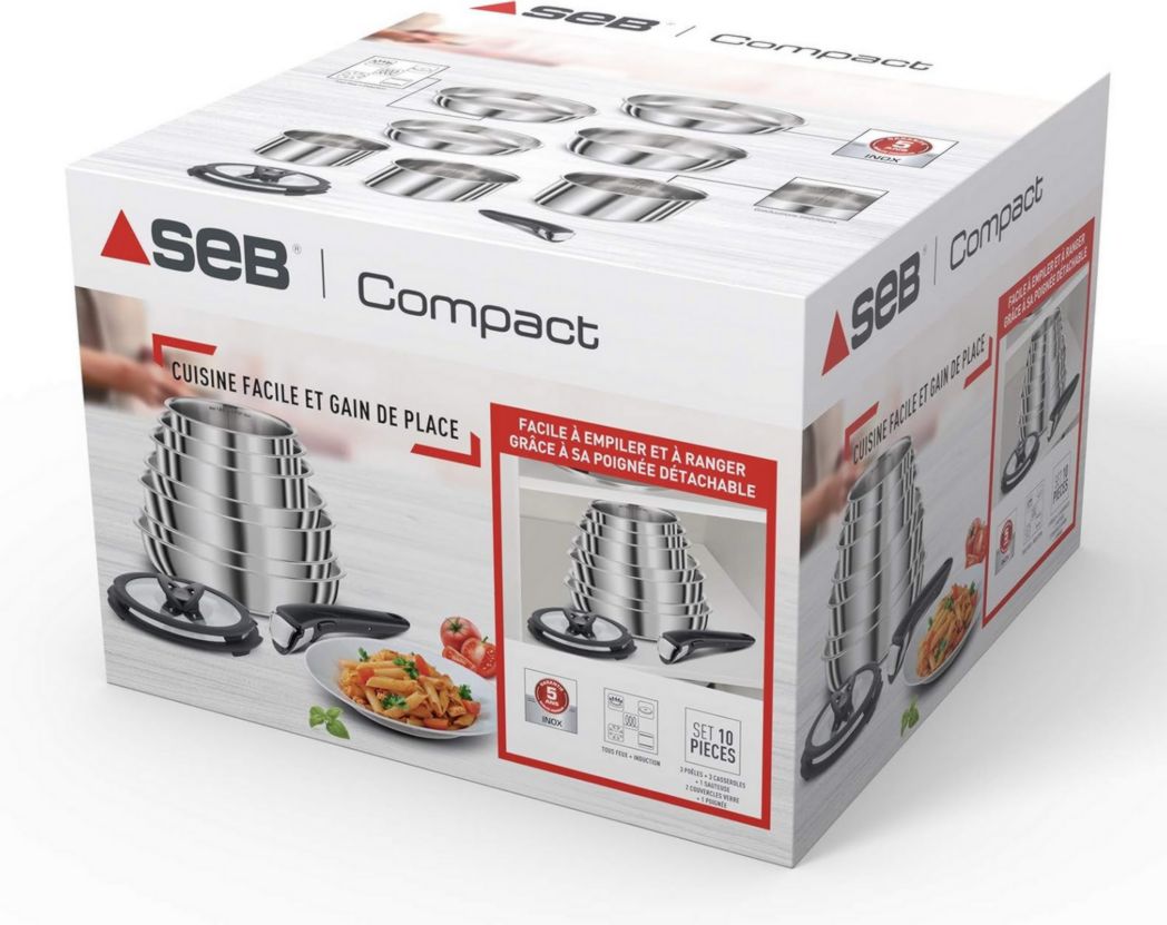 Batterie de cuisine Seb Compact Inox 10 pièces, Induction, poêles 22/24/26 cm, casseroles 16/18/20 cm, sauteuse 24 cm, couvercles 18/20 cm, 1 poignée L953SA04, Noir, argent, ‎35,4 x 35,29 x 26,8 cm