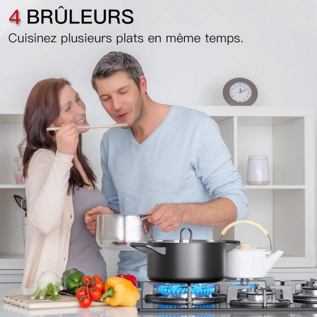 Plaque de cuisson à gaz 4 feux, plaque de cuisson 60 cm - Cuisinière encastrable - Gaz de ville et gaz en bouteille (4 feux - Verre)