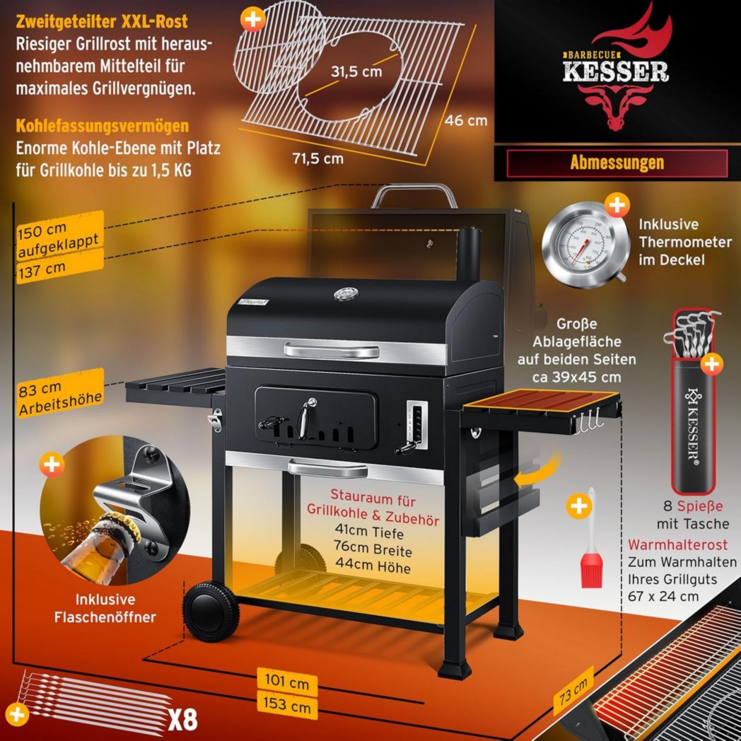 Chariot barbecue KESSER® | Barbecue à charbon XL avec couvercle, roulettes, poignée en acier inoxydable, grille et thermomètre | Grand barbecue à charbon