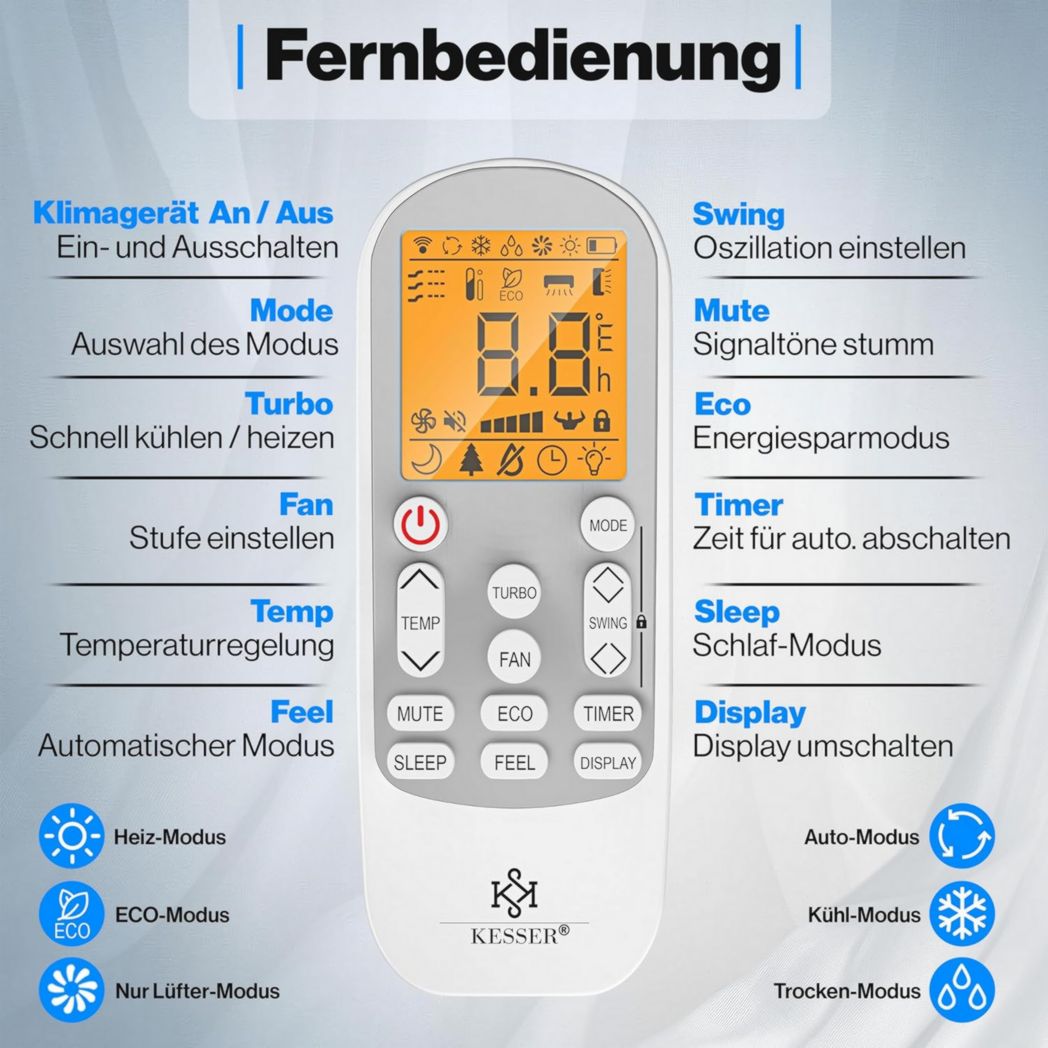 Climatiseur réversible KESSER® SET - Climatiseur avec fonction Wi-Fi/application - Refroidissement A++ / Chauffage A+, Réfrigérant R32 - Écran LCD, Split 12 000 BTU/h / 3 400 W - Anthracite