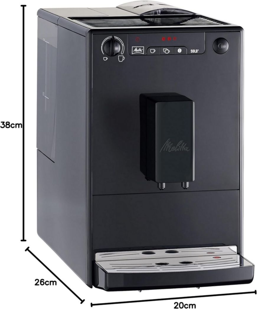 Melitta Caffeo Solo Noir Pure Black, Machine à café à grains avec broyeur et système d'extraction d'arômes, écran LED, mode 1 à 2 tasses, machine à expresso, automatique, E950-222, 1400 W