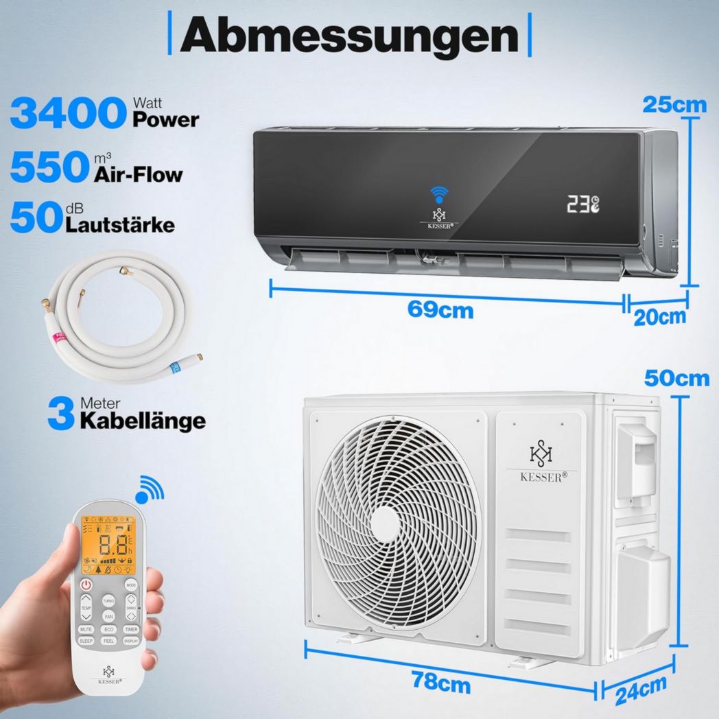 Climatiseur réversible KESSER® SET - Climatiseur avec fonction Wi-Fi/application - Refroidissement A++ / Chauffage A+, Réfrigérant R32 - Écran LCD, Split 12 000 BTU/h / 3 400 W - Anthracite