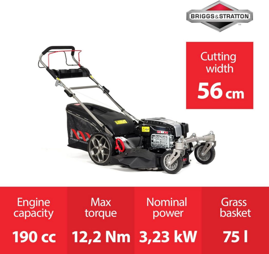 NAX POWER PRODUCTS Moteur Briggs & Stratton 5000S Série 875Exi 190cc ReadyStart Largeur de coupe 56cm Panier 75L Roues pivotantes avant Tondeuse à gazon autopropulsée à essence