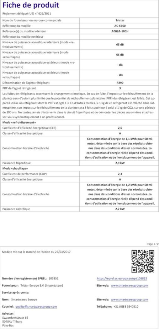 Climatiseur portable Tristar AC-5560, 10 000 BTU et 2,9 kW, fonctions de refroidissement, de déshumidification, de ventilation et de chauffage