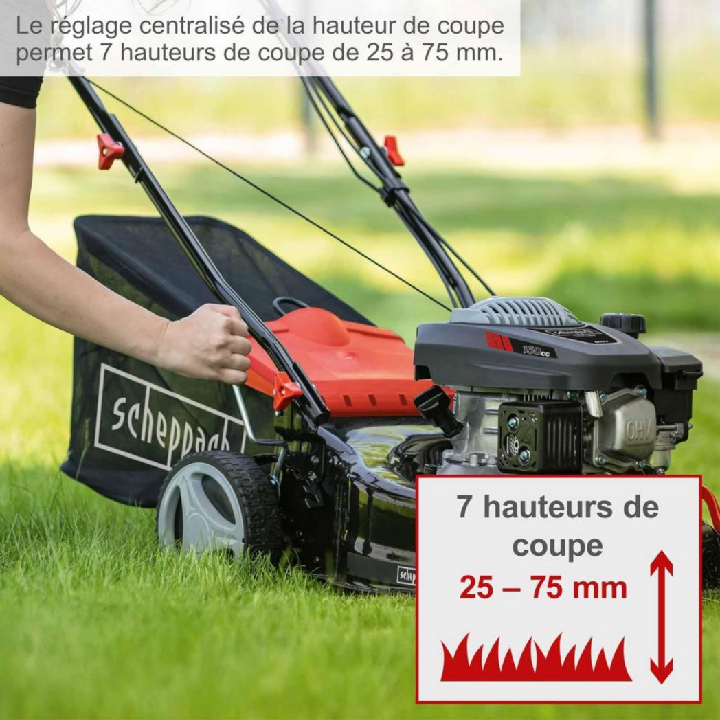 Tondeuse à gazon thermique Scheppach MS150-42 | Autotractée - 3,7 CV | Largeur de coupe 42 cm | Système de nettoyage à connexion rapide | Panier de 45 L | Hauteur - 7 niveaux | Lame supplémentaire et huile incluses