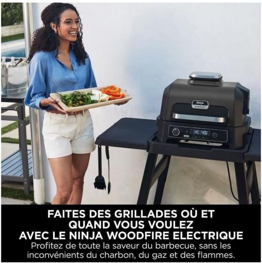 Barbecue et fumoir électrique Ninja Woodfire Pro XL avec thermomètre, barbecue d'extérieur 4 en 1 et friteuse à air avec système de cuisson intelligent et granulés de bois, portable, gris/noir, OG850EU