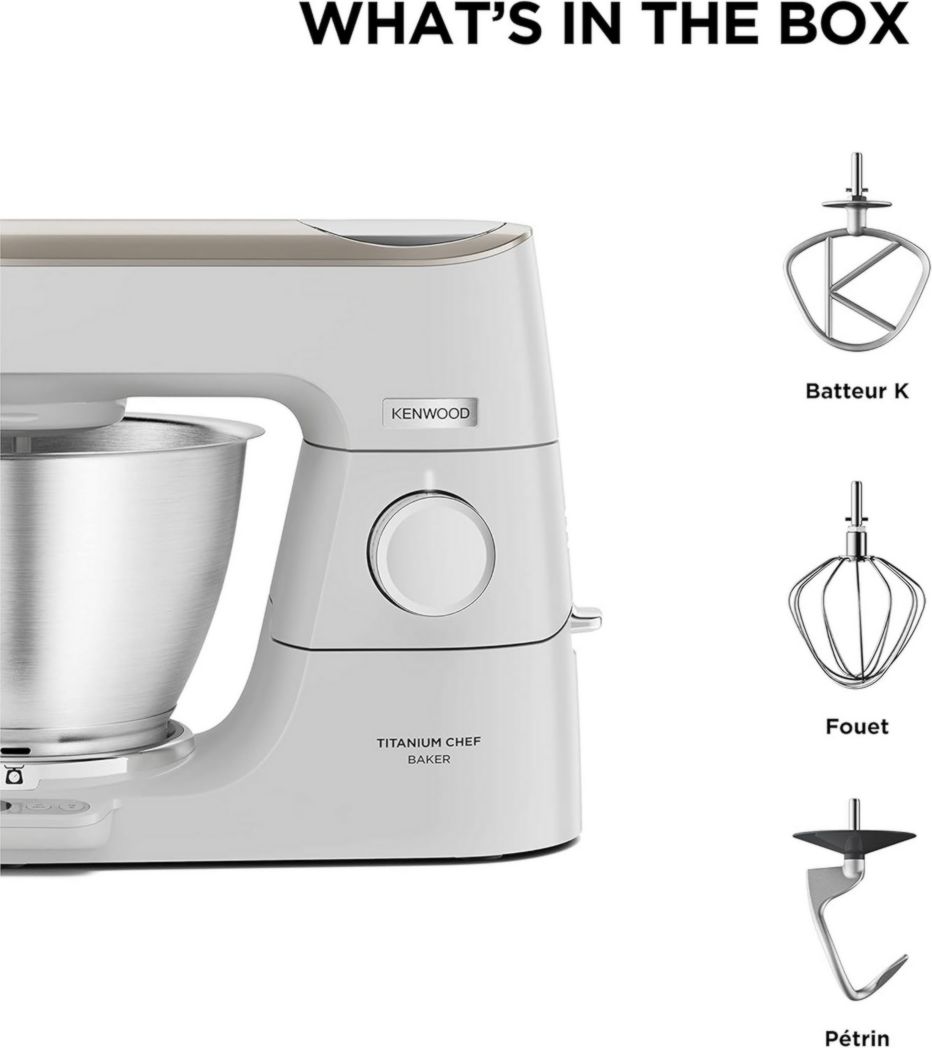 Robot pâtissier Kenwood Titanium Chef Baker XL, avec batteur K-Beater, crochet pétrisseur, fouet et bol de 7 litres, KVL85.424SI, 1 200 W, argent