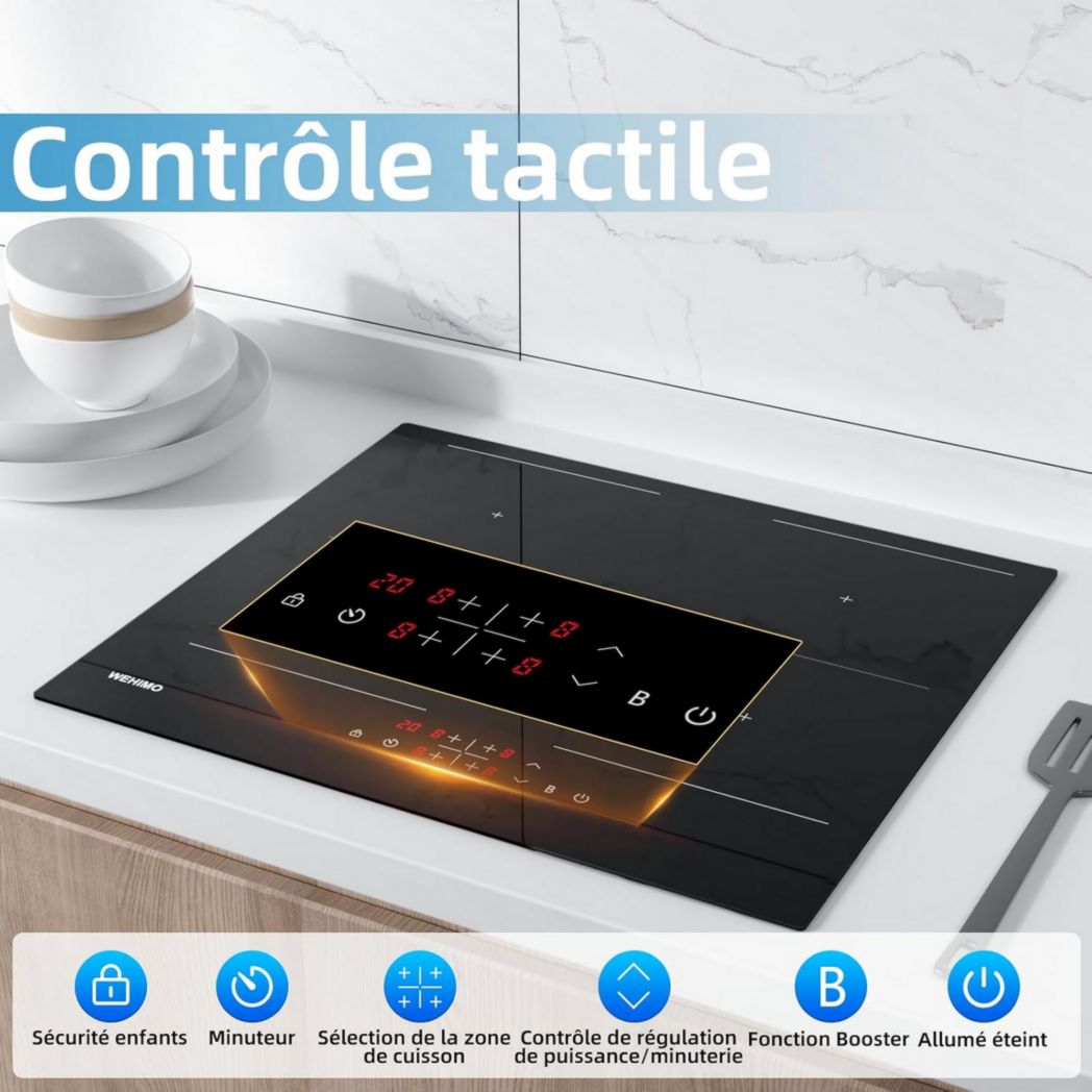 Plaque de cuisson vitrocéramique encastrable 4 feux, WEHIMO 6000W - 59cm - Minuterie, 9 niveaux de puissance, commande tactile, sécurité enfant...