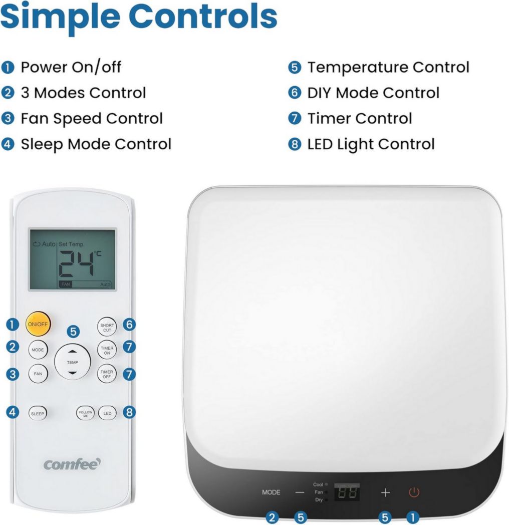 Climatiseur portable COMFEE' 9000 BTU/h 2,6 kW, 3 en 1, refroidisseur, déshumidificateur, ventilateur, fonction Follow me, minuterie, mode nuit, pour salon et maison de 33 m³/88 m³, MPPH-09CRN7, R290