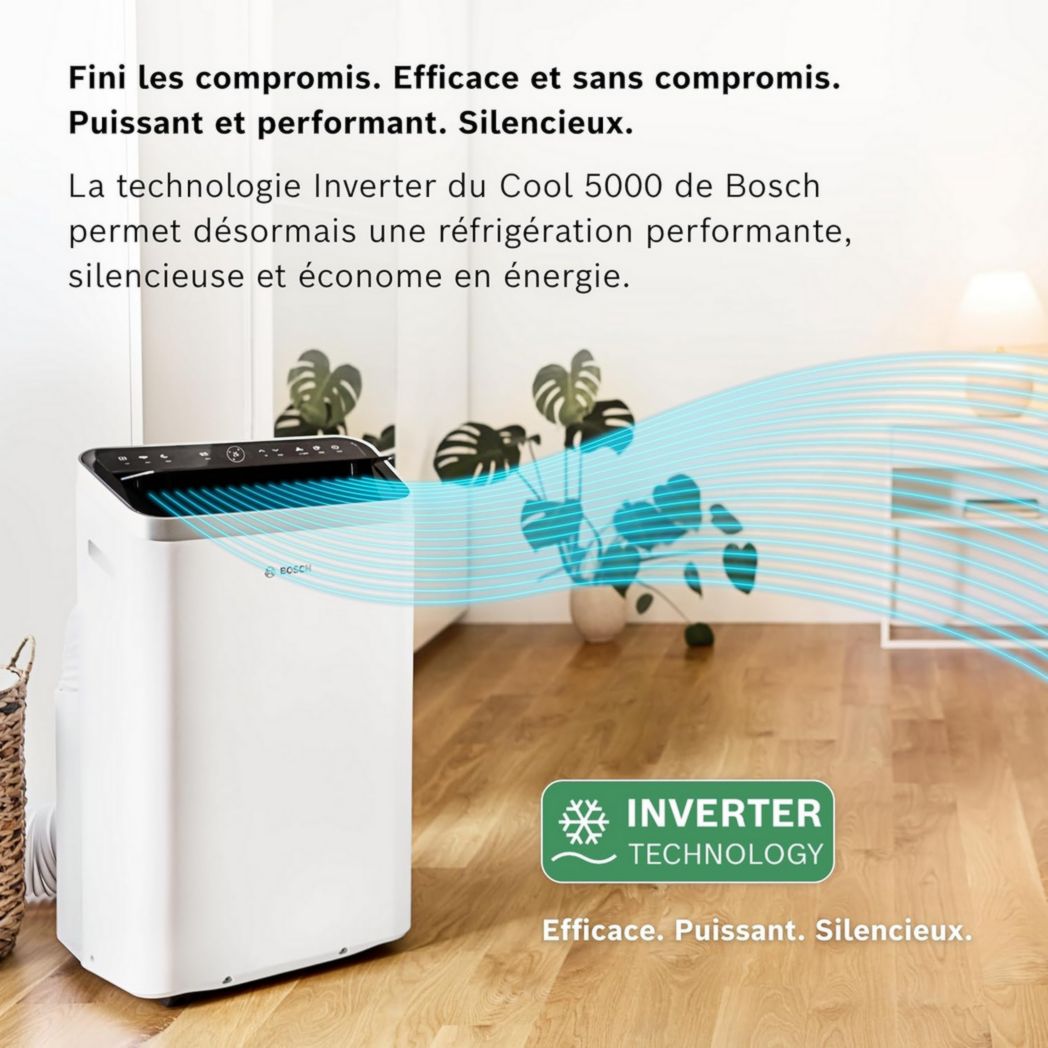 Climatiseur portable Bosch Cool 2000 - 3 en 1 : climatiseur, déshumidificateur, ventilateur - 2,6 kW PAC pour pièces jusqu'à 35 m² - Avec modes automatique, silencieux et veille