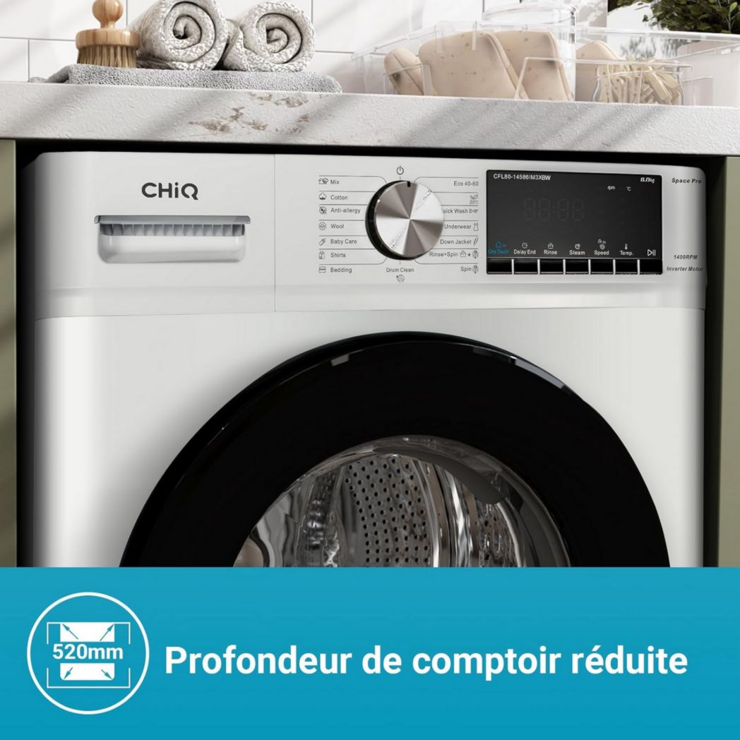 Lave-linge CHIQ CFL80-14586IM3XA, chargement frontal, 8 kg, Space Pro, moteur Inverter stable, 1400 tr/min, programme Smart AI, fonction vapeur, lavage rapide 15 minutes, 15 cycles de lavage, gris