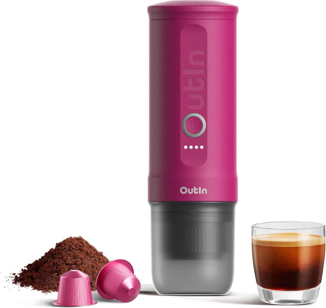 OutIn Nano Mini Machine à expresso portable à piles avec auto-chauffage en 3-4 minutes, petite cafetière de voiture 20 bars 12 V 24 V avec étui de transport, capsules NS (bleu sarcelle)