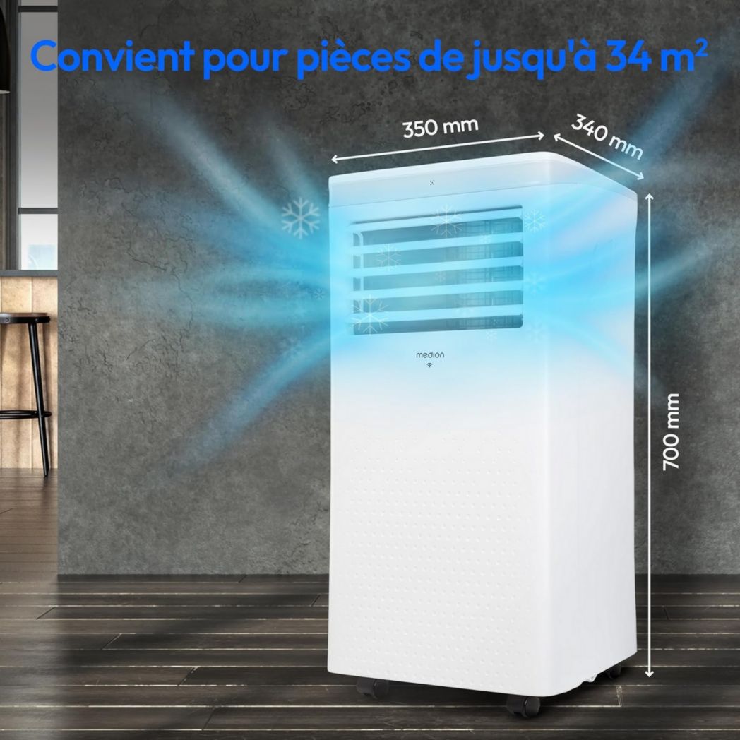 Climatiseur mobile intelligent MEDION P1002 (10 000 BTU, 3 en 1, refroidissement, déshumidification, ventilation, jusqu'à 34 m², kit de joint de fenêtre, mode veille, contrôle Wi-Fi, télécommande, écran, MD 37733)