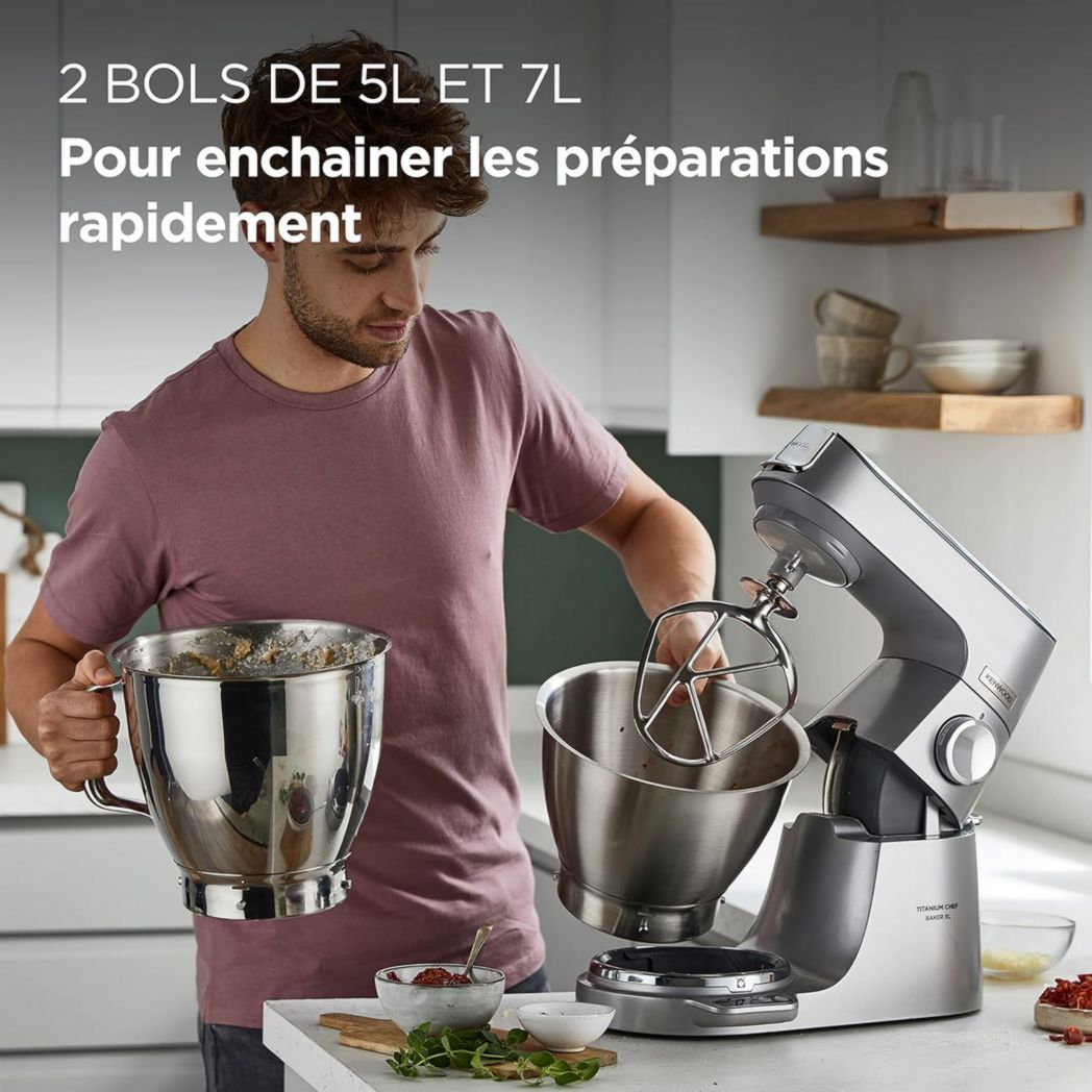 Robot pâtissier Kenwood Titanium Chef Baker XL, avec batteur K-Beater, crochet pétrisseur, fouet et bol de 7 litres, KVL85.424SI, 1 200 W, argent
