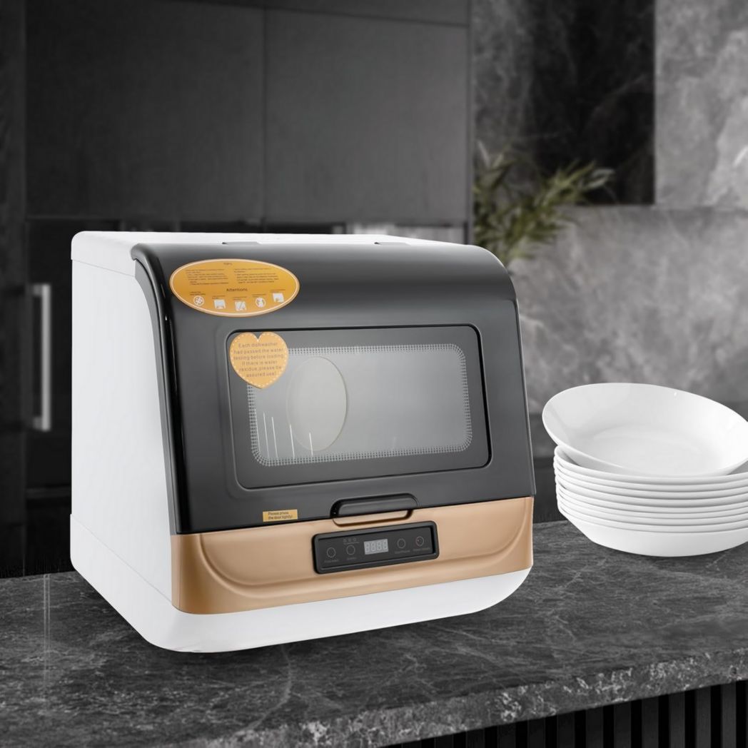 Mini lave-vaisselle de table, portable, avec 3 programmes, réservoir d'eau de 5 l, pulvérisateur à 360°, commande tactile, avec/sans raccordement d'eau, pour camping et camping-car, doré