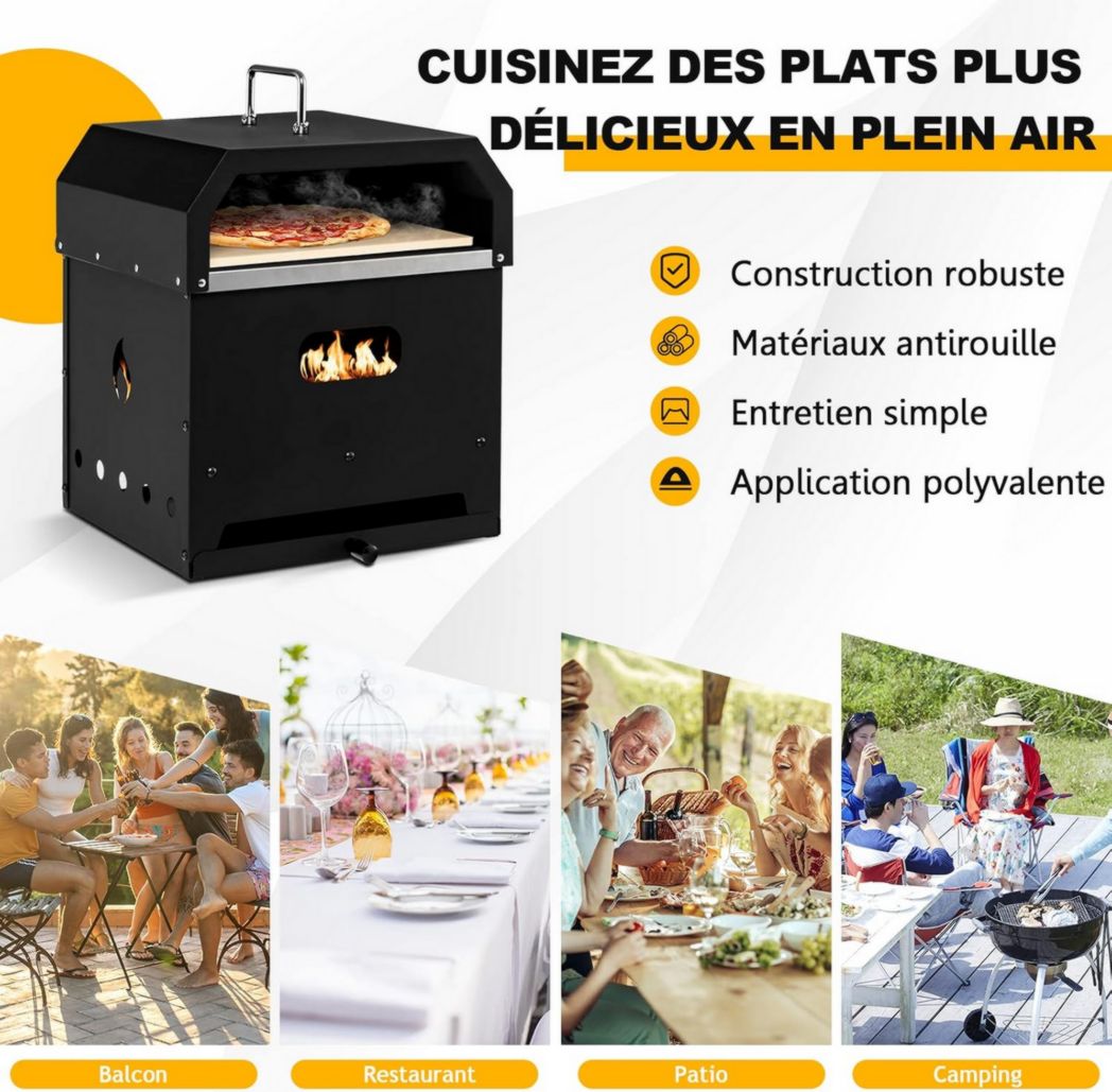 Mini four à pizza d'extérieur GYMAX, four à pizza au feu de bois avec pierre à pizza, pelle à pizza, pieds pliables et poignées portables, ventilateurs réglables, housse étanche