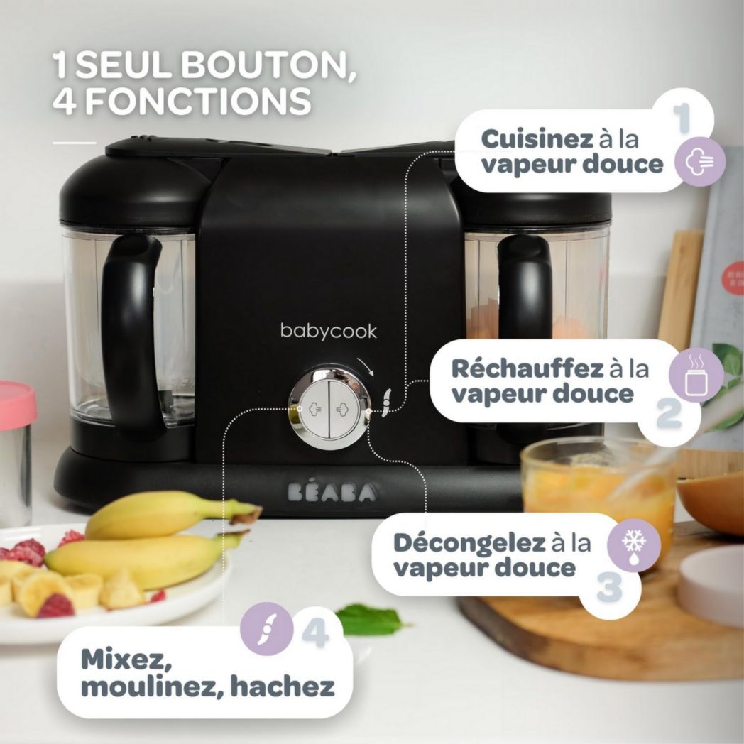 BÉABA, Robot Cuiseur Bébé 4 en 1 Babycook Duo, Mixeur-Cuiseur, Cuisson Vapeur Rapide 15 minutes, Diversification des Aliments, Petits Pots Bébé Maison, Capacité XXL 2200 ml, Noir