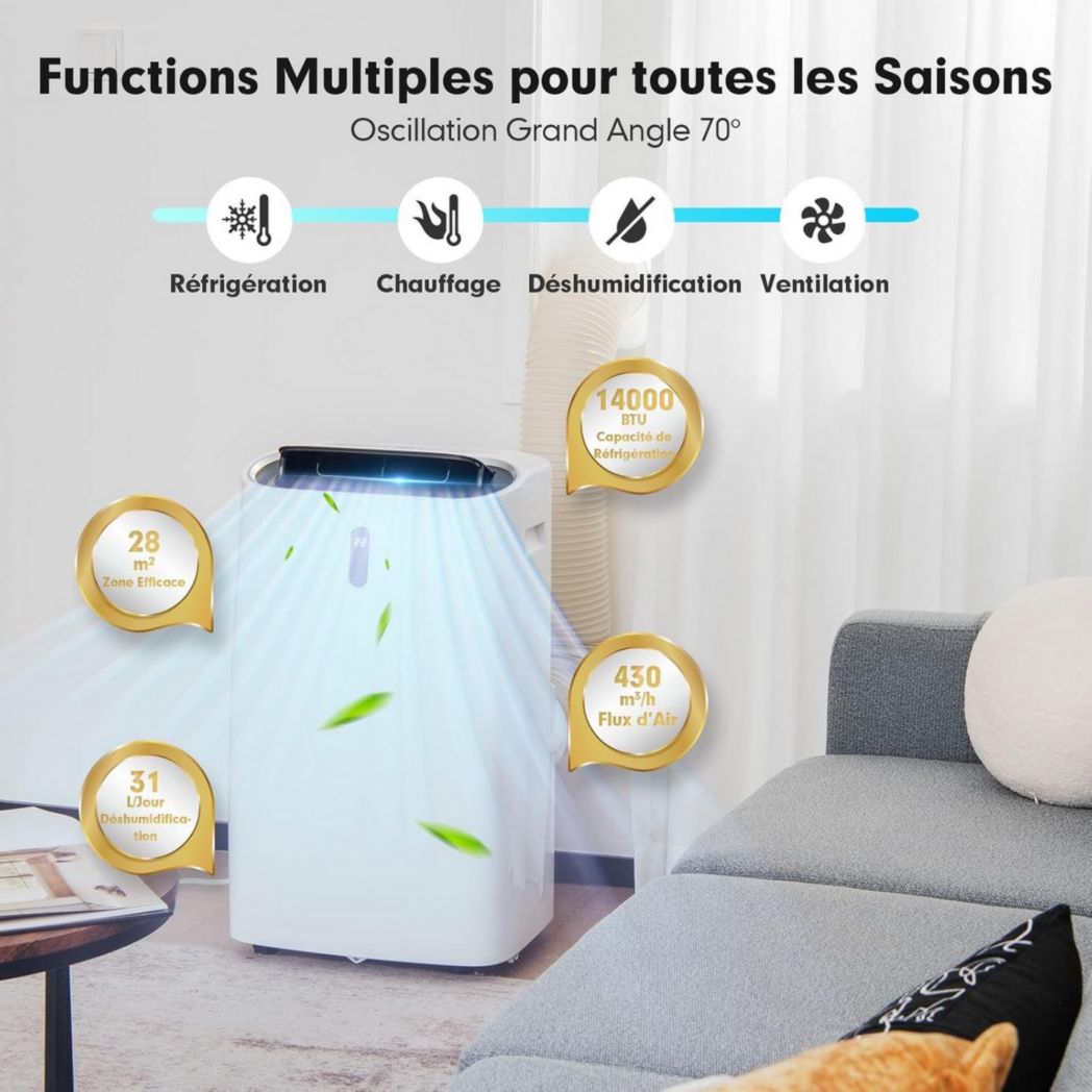 Climatiseur portable GOPLUS 16 000 BTU 4,7 kW 5 en 1 Fonctions : refroidissement, chauffage, déshumidification, ventilation, mode nuit, minuterie 24 h, télécommande/écran, 45-50 m², R290