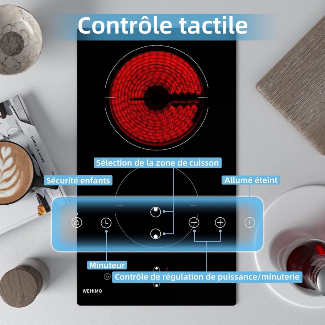 Plaque de cuisson vitrocéramique encastrable 4 feux, WEHIMO 6000W - 59cm - Minuterie, 9 niveaux de puissance, commande tactile, sécurité enfant...